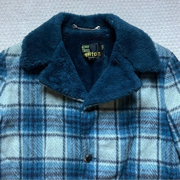 Vintage 60s Silton California Blue Plaid Mohair Bomber Jacket Fur 44 Western
